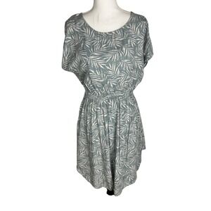 Final Touch Blue Leaves Print Elastic Waist Flare Casual Boho Dress Size M Rayon